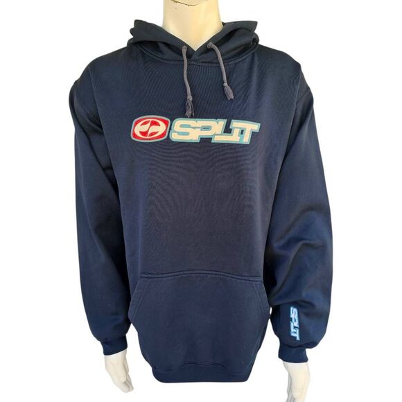 Vintage Split Pullover Hoodie Navy Blue Logo Spellout Men’s XL Skate Surf Y2K - Picture 1 of 7